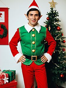 Man Wearing Traditional Elf Costume with Christmas Decorations