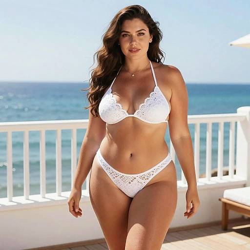 Confident Woman in White Lace Bikini on Oceanfront Terrace