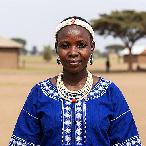 Sotho Traditional Woman in Blue Dress with Beaded Headdress and Jewelry