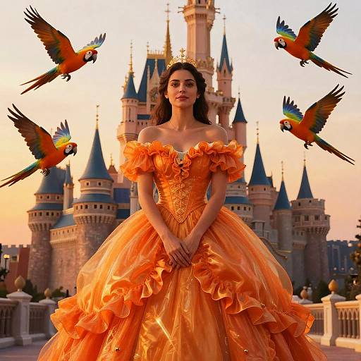 Woman in Orange Ball Gown with Macaw Parrots by Castle at Sunset