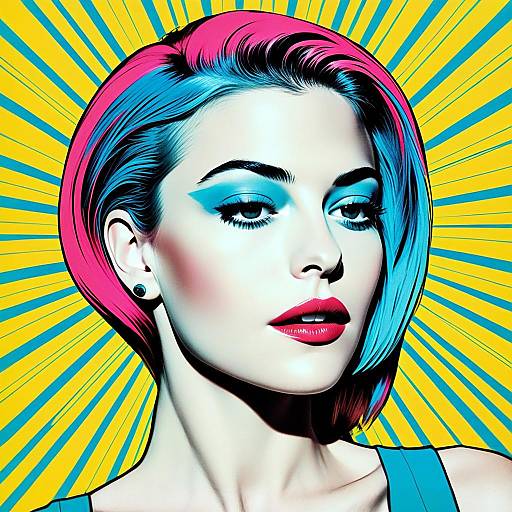 Pop Art Portrait of Woman with Colorful Hair and Bold Makeup