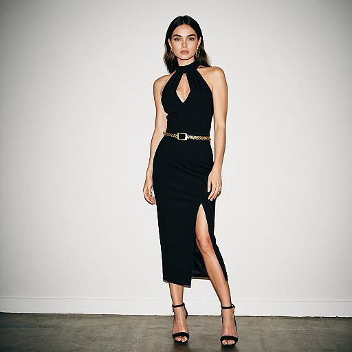 Woman Wearing Black Sleeveless Fitted Midi Dress with Halter Neckline and Gold Belt