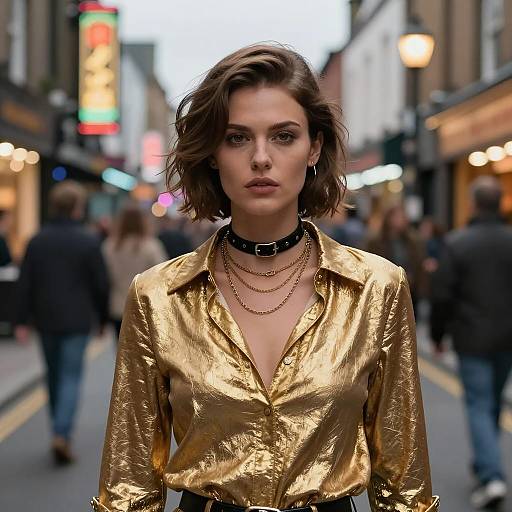 Stylish Woman in Metallic Gold Shirt with Urban Street Background