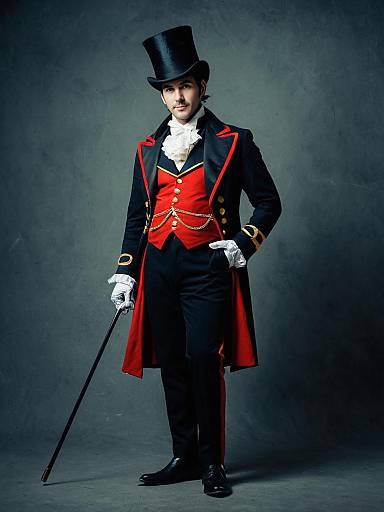 Man in Vintage Ringmaster Costume with Top Hat and Cane Full Body Portrait