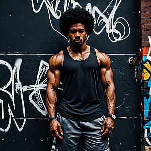 Confident Muscular Man with Afro Against Graffiti Wall