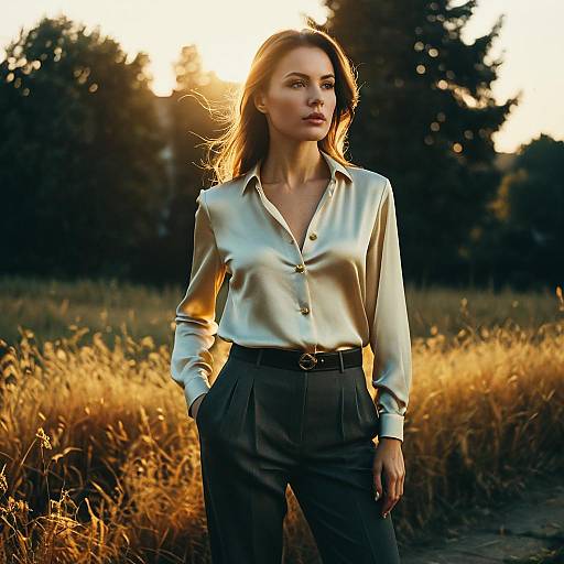 Elegant Woman in Silky Blouse Standing in Golden Field at Sunset