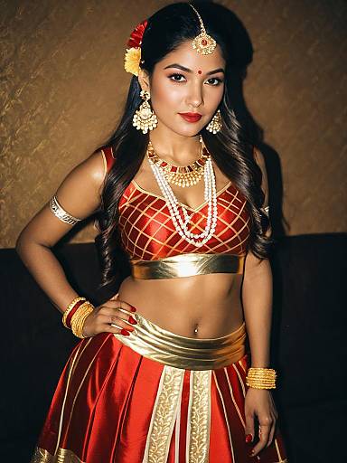 Woman in Red and Gold Lehenga with Traditional Indian Jewelry