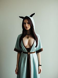 Sexy Sheiska Cosplay Woman in Hooded Costume with Cat Ears