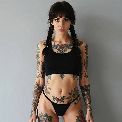 Tattooed Woman with Braids in Black Crop Top and Thong