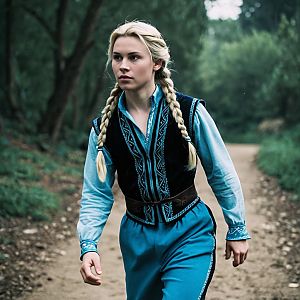 Young Woman in Blue Traditional Outfit Walking in Forest