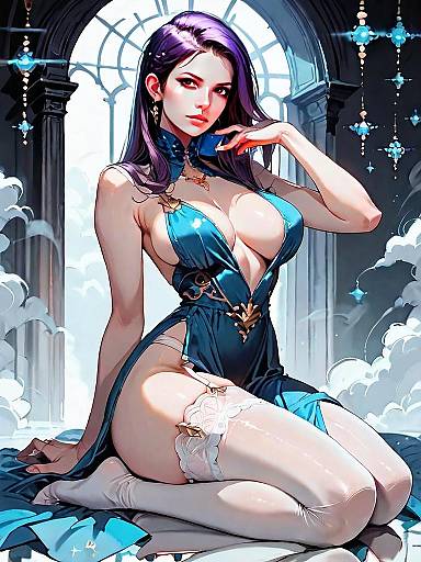 Dark Fantasy Woman with Purple Hair in Revealing Blue Outfit Full Body Digital Art