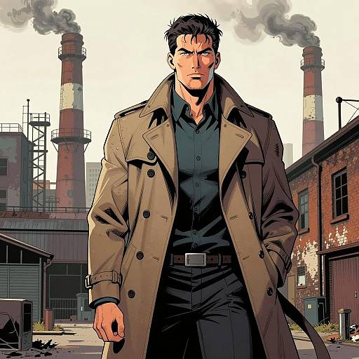 Man in Trench Coat Walking Through Industrial Urban Scene in Comic Book Style
