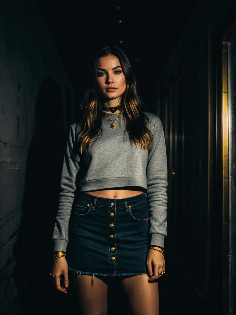 Woman in Casual Grey Long Sleeve Crop Sweatshirt and Denim Mini Skirt