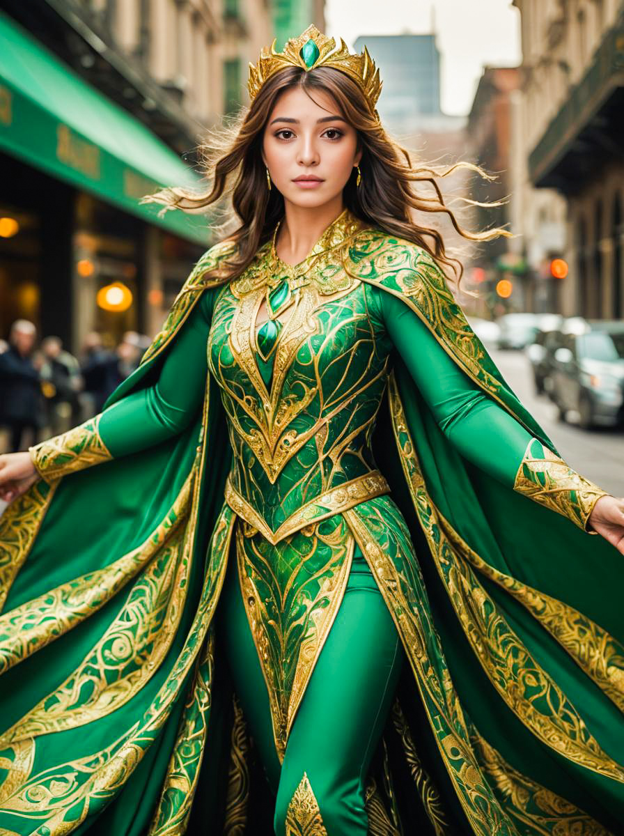 Woman in Stunning Green and Gold Gown