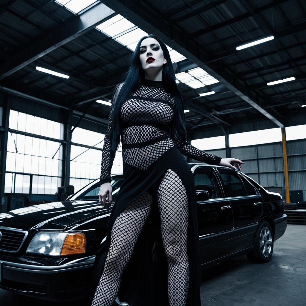 Gothic Woman in Fishnet Outfit Posing by Black Vintage Car in Industrial Warehouse