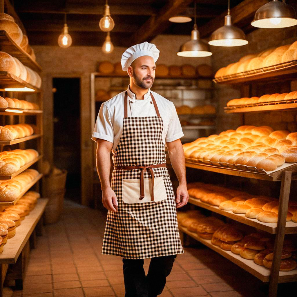 Baker in Checkered Apron in Rustic Bakery