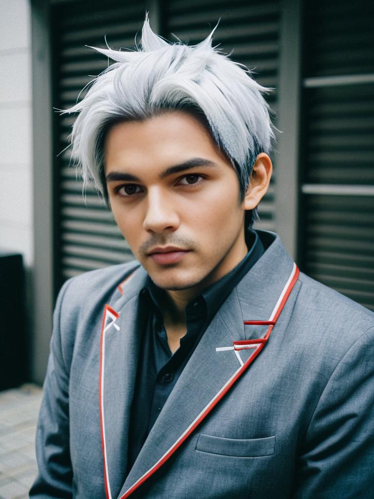 Stylish Young Man with Spiky White Hair in Modern Grey Blazer