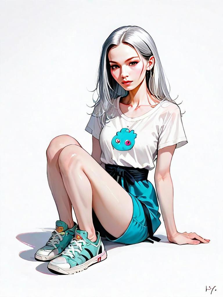 Realistic Anime Style Portrait of Woman in Casual Outfit Sitting