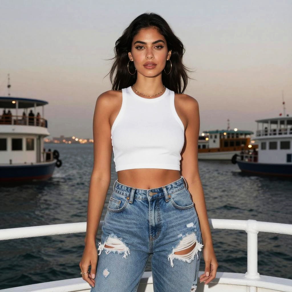 Petite Woman in White Crop Top and Ripped Jeans Street Style at Waterfront
