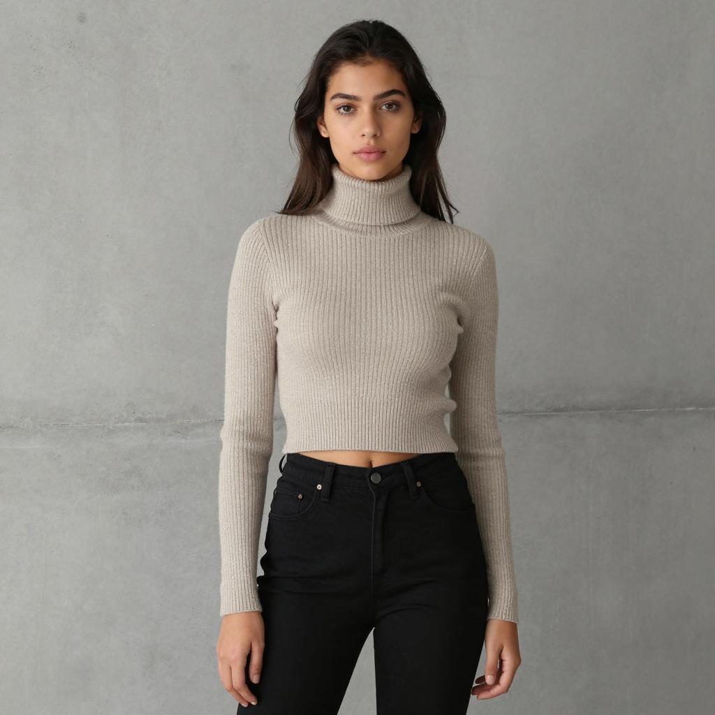 Young Woman in Beige Ribbed Turtleneck Crop Sweater and Black Jeans Minimalist Fashion