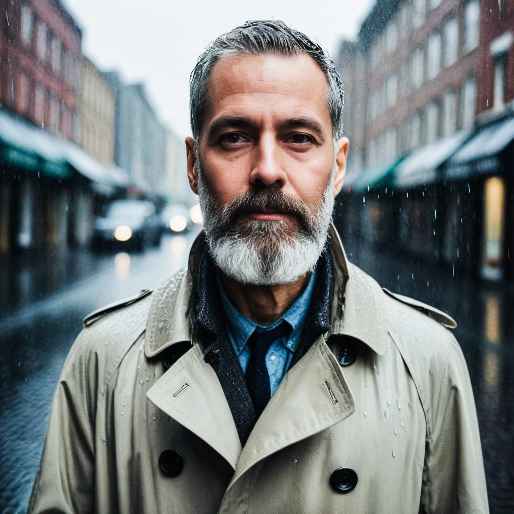 Thoughtful Man in Trench Coat on Rainy Day