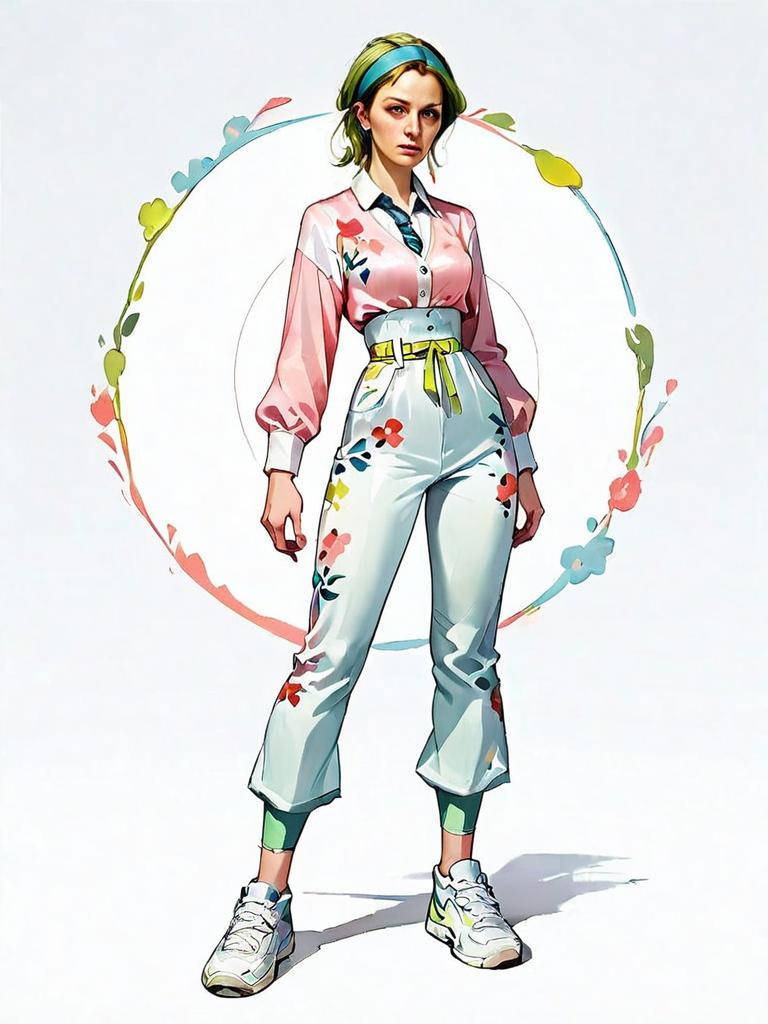 Realistic Comic Style Full Body Portrait of Woman in Floral Casual Outfit