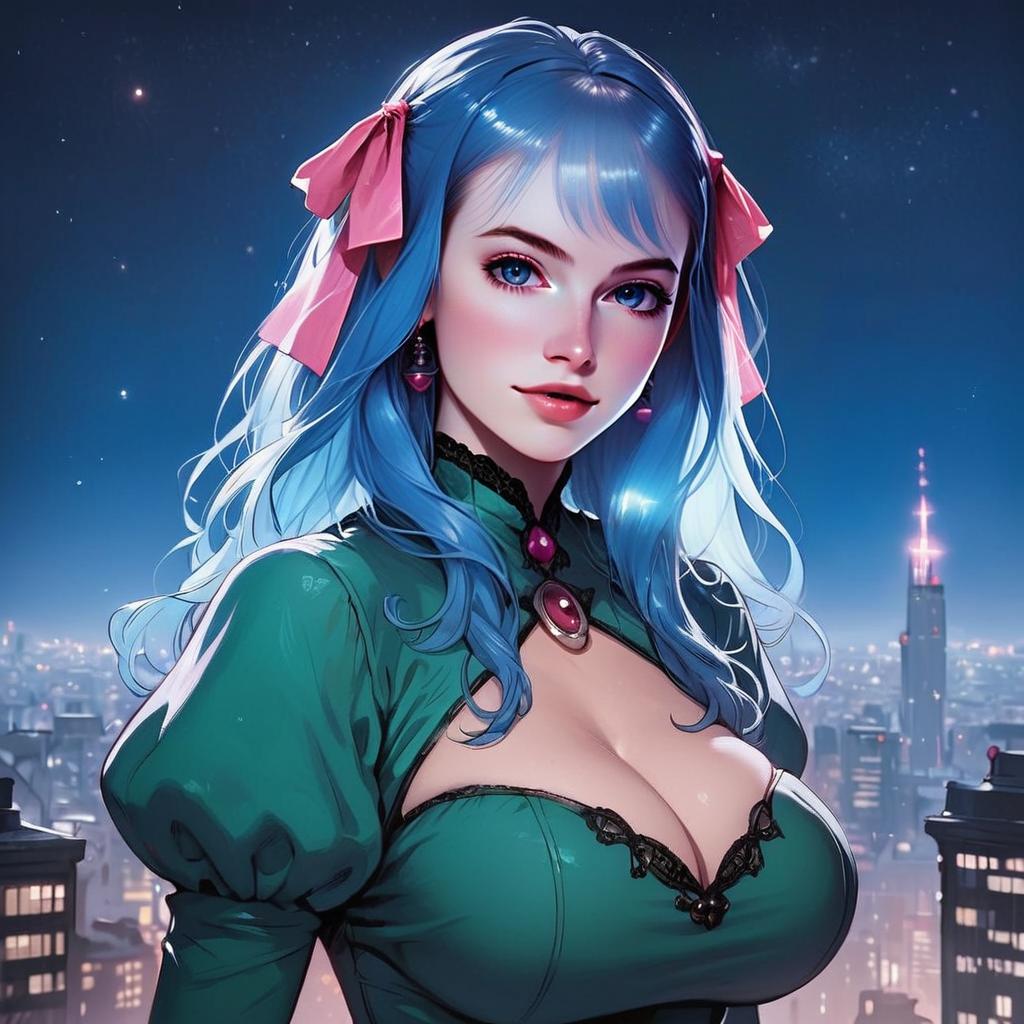 Anime-Inspired Woman with Blue Hair and Cityscape Background
