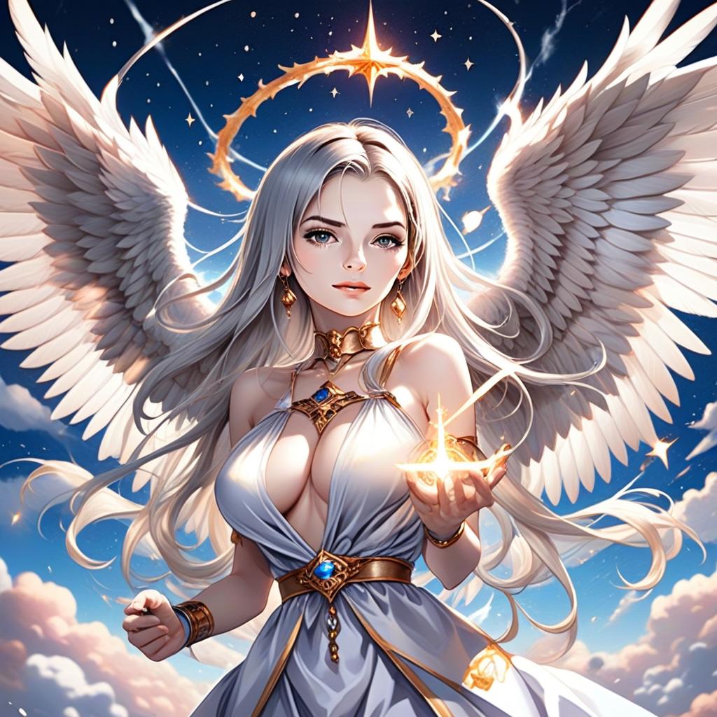 Radiant Woman Angel with Silver Hair and Glowing Magic - Fantasy Digital Illustration