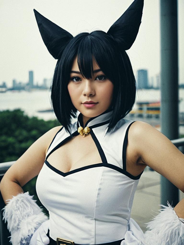 Realistic Chi-Chi Cosplay Woman Wearing White Dress with Cat Ears