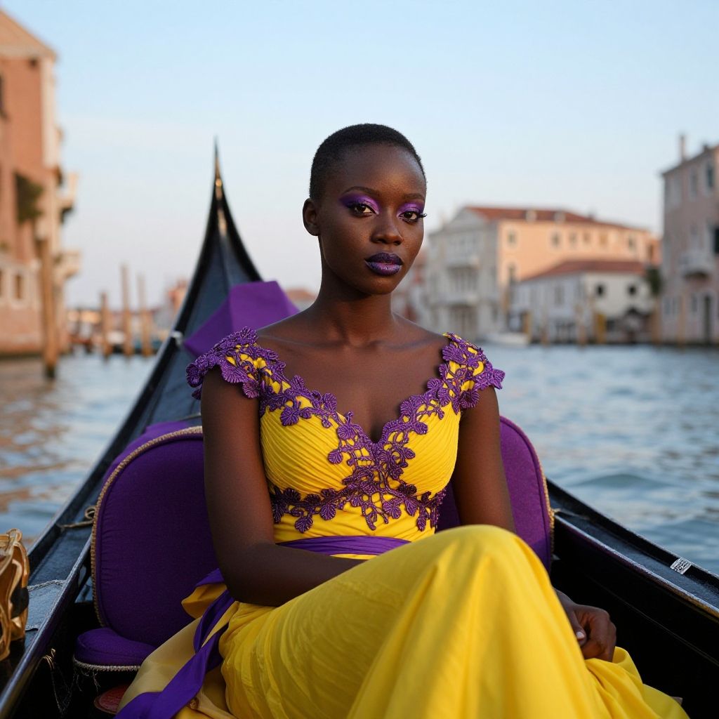 Elegant Woman in Yellow and Purple Dress on Venice Gondola