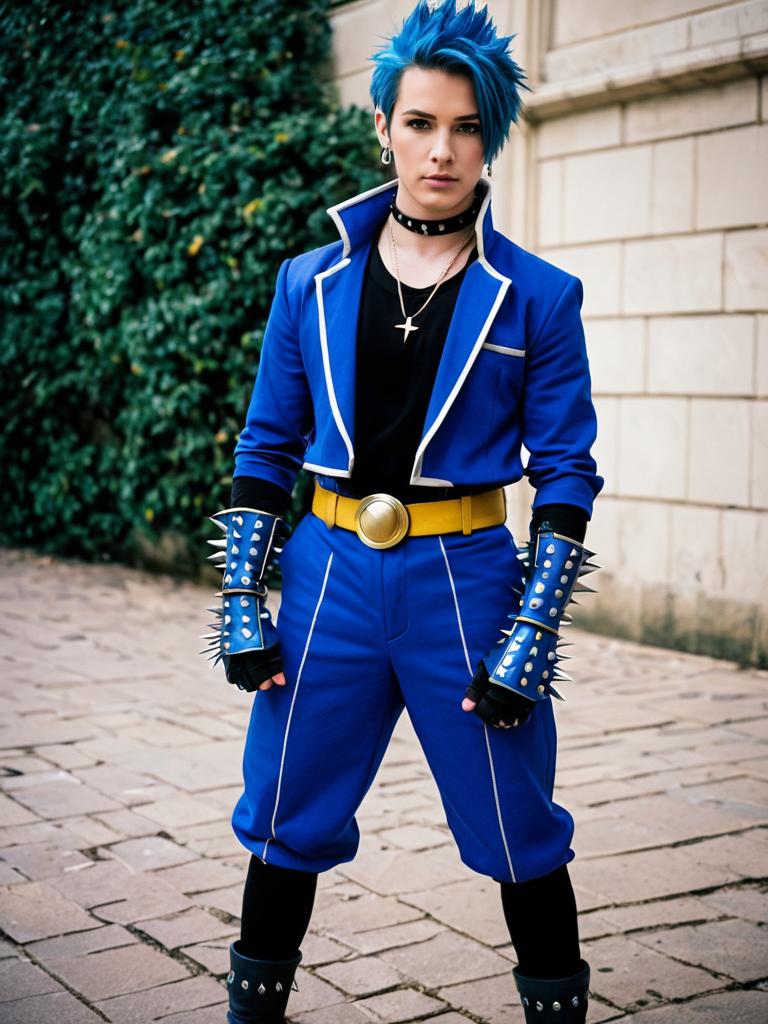 Cosplay of Camus from Dragon Quest 11 with Blue Spiky Hair and Detailed Costume