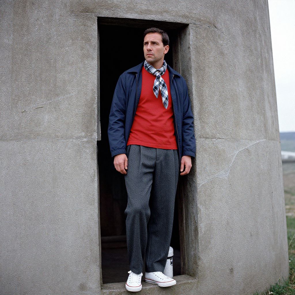 Man Wearing Vintage Style Outfit Standing in Concrete Doorway