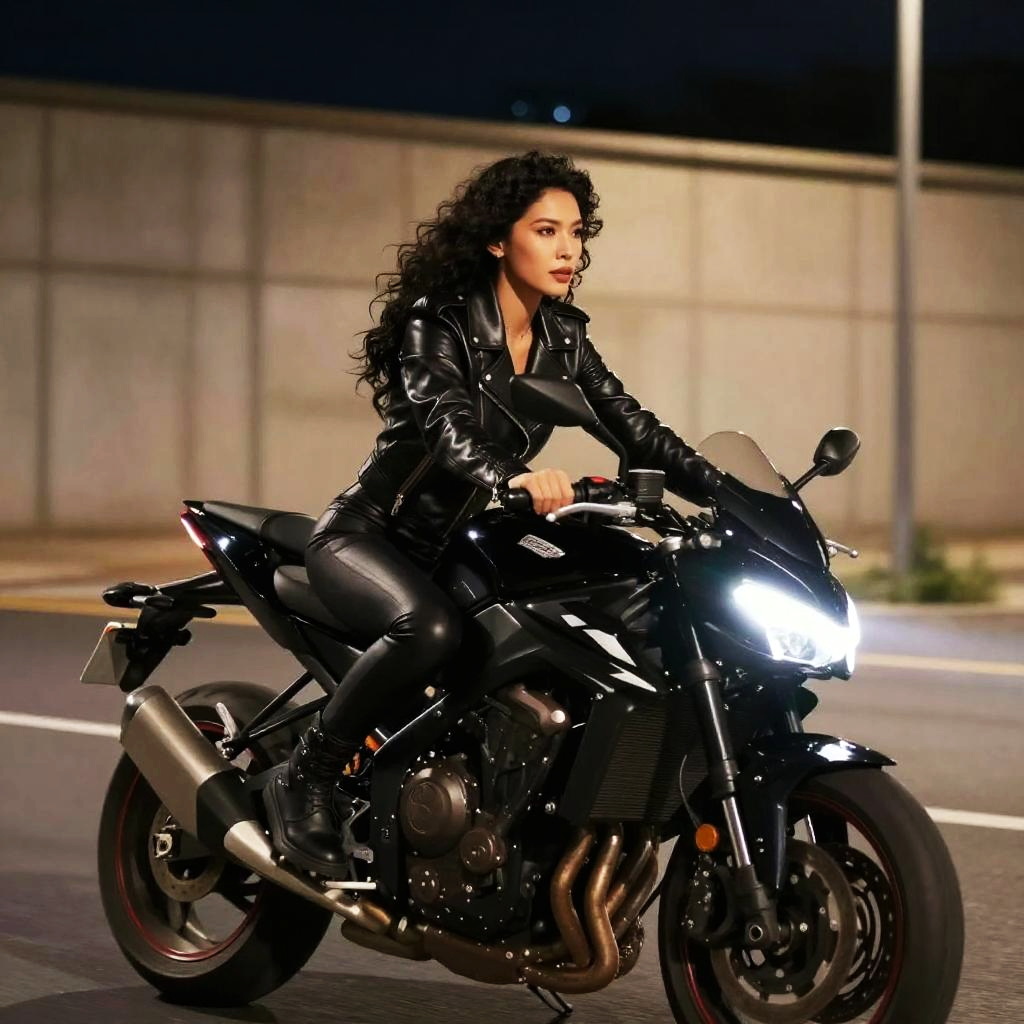 Woman Riding Black Motorcycle at Night in Leather Jacket
