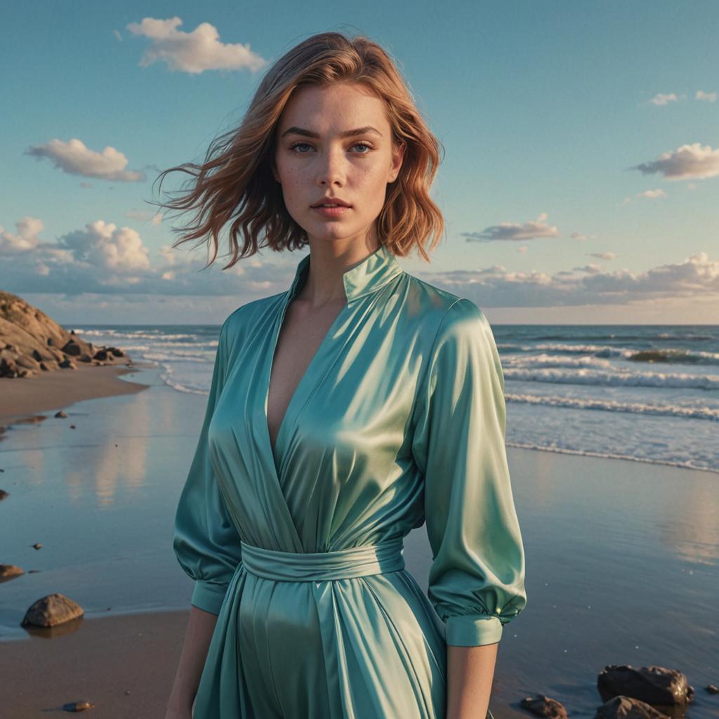 Beautiful Woman in Silk Gown at Serene Beach