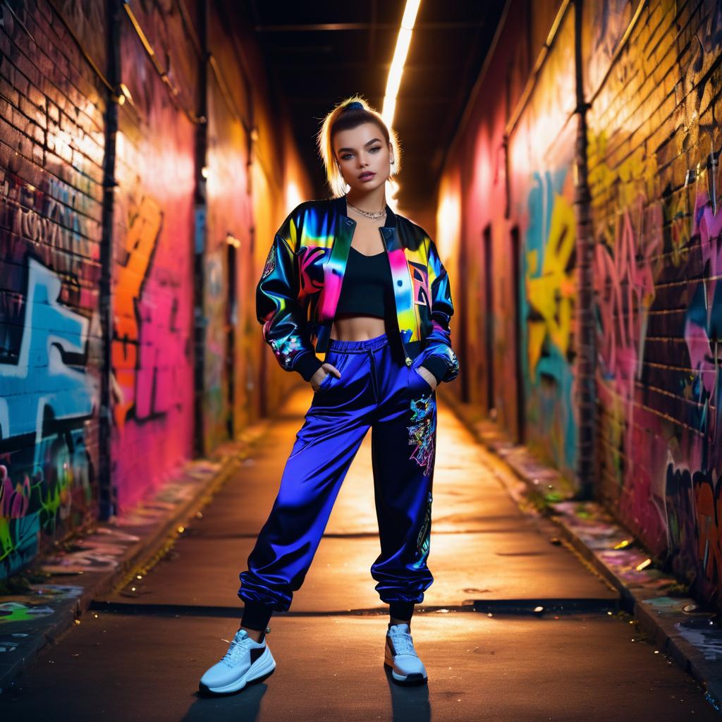 Stylish woman in colorful tracksuit in graffiti alley