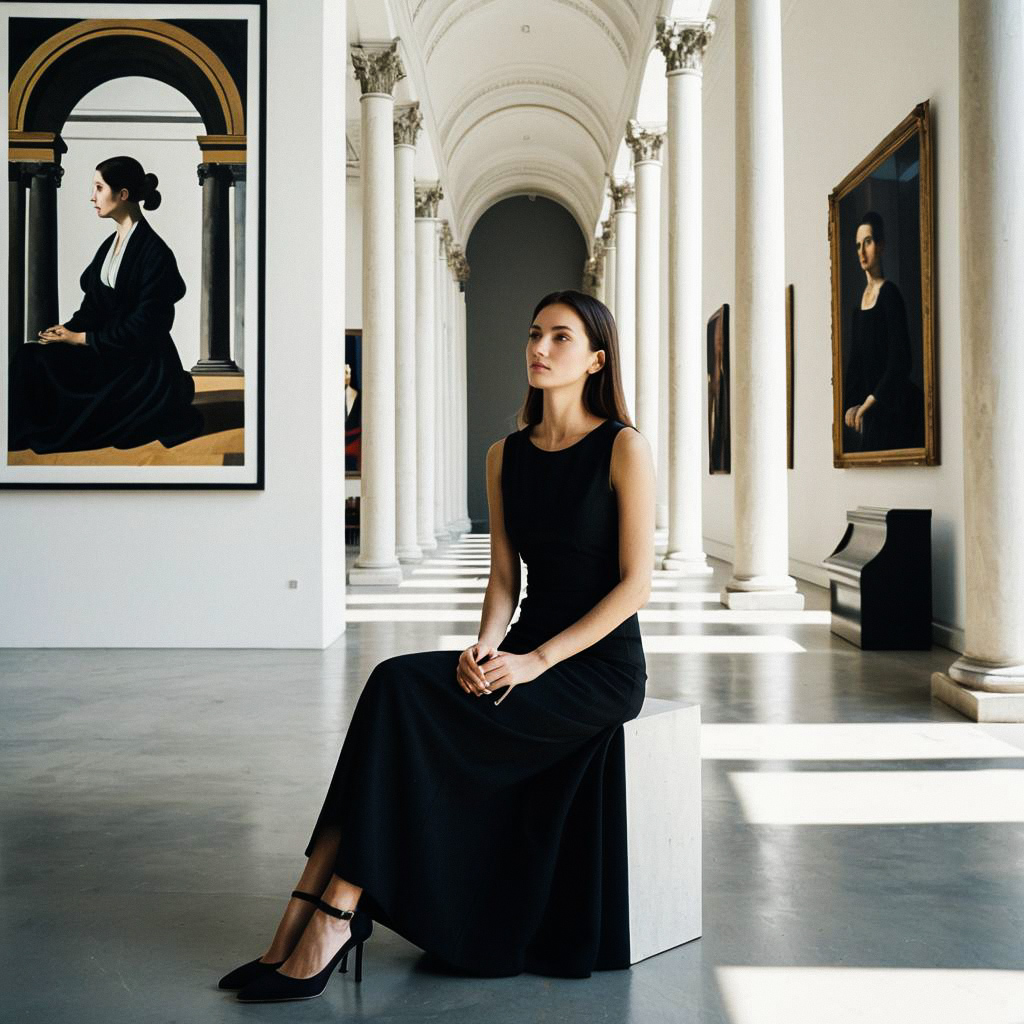 Thoughtful Woman in Black Dress in Grand Gallery Thoughtful Woman in Black Dress in Grand Gallery