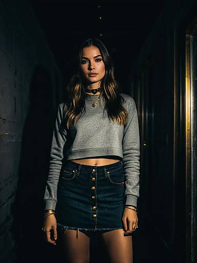 Woman in Casual Grey Long Sleeve Crop Sweatshirt and Denim Mini Skirt