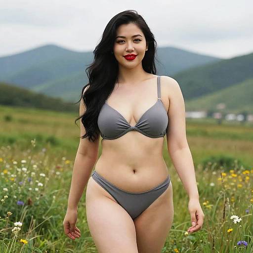 Confident Woman in Gray Bikini Walking Through Wildflower Meadow with Hills Background