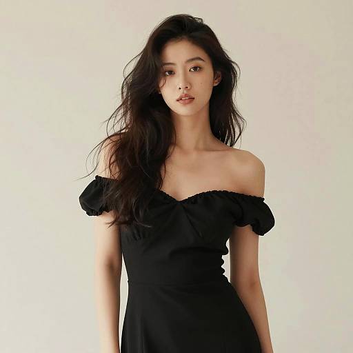 Elegant Young Woman in Black Off-Shoulder Dress