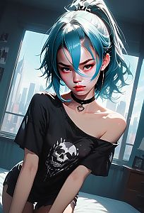 Stylized Digital Portrait of a Young Woman with Blue Hair