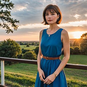 Woman in Blue Dress on Balcony at Sunset