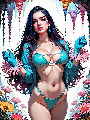 Realistic Anime Woman in Vibrant Coral Underwire Bikini Set with Floral and Surreal Background