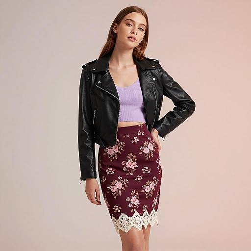 Trendy Gen Z Woman in Black Leather Jacket and Floral Pencil Skirt
