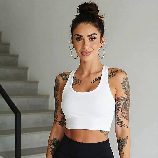 Tattooed Woman in White Crop Top and Black Leggings with Updo Hairstyle