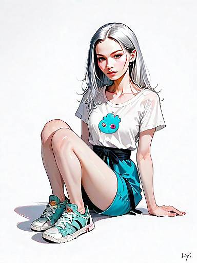 Realistic Anime Style Portrait of Woman in Casual Outfit Sitting