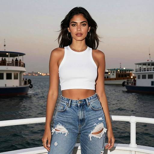 Petite Woman in White Crop Top and Ripped Jeans Street Style at Waterfront