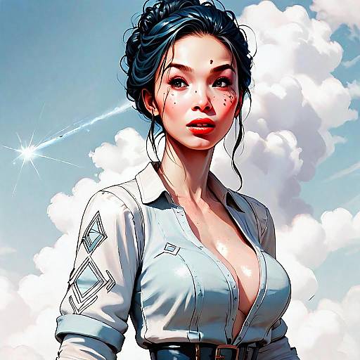 Stylized Digital Portrait of Woman with Sky Background