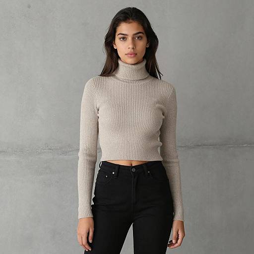 Young Woman in Beige Ribbed Turtleneck Crop Sweater and Black Jeans Minimalist Fashion