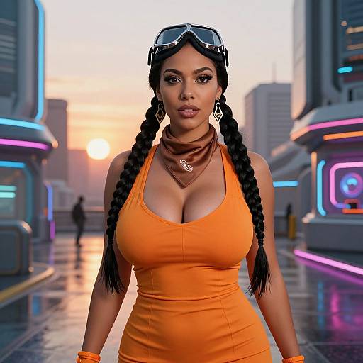 Confident Woman in Orange Dress With Braids and Aviator Goggles in Futuristic City