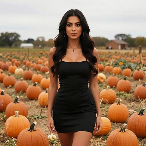American Halloween Woman in Black Dress Standing in Pumpkin Field